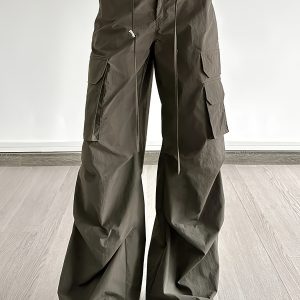 Women'S Vintage Cargo Pants - Loose Fit Work Pants with Drawstring Waist, Zipper Closure, Non-Stretch Fabric for Everyday & Formal Outfits - All-Season Trousers in, Workwear Essentials, Street Style, Retro Design, Durable Construction, Casual Wear