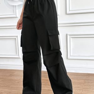 Women's Cargo Pants with Multi-Pocket Design, Wide-Leg Trousers & Elastic Drawstring Waist - Heavy-Duty Workwear-Style Pants for Outdoor, Casual, or Professional Wear (Black) - Belt Loops & Long Length (No Stretch Fabric)