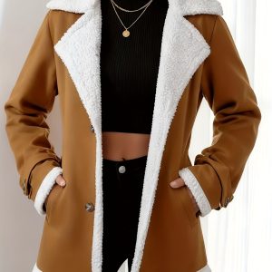 Plus Size, 2025 Autumn-Winter Women's Warm Camel Faux Suede Jacket, Perfect for Layering with Turtleneck Knitwear, Stylish Lapel Design Ideal Casual Outerwear