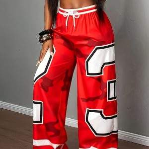 Women's Wide-Leg Pants - Red & Camo Leggings, Drawstring Waist, Loose Fit Trousers for, Everyday Outfits - Machine Washable Bottoms (Single-Piece)