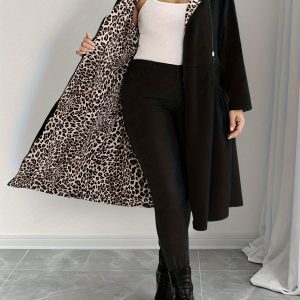 Plus Size Women's Springu002FAutumn Fashion - New Hooded Trench Coat - Plus Size Leopard Print Midi Jacket