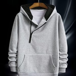 Men's Thermal Fleece-Lined Hooded Sweatshirt - Thick Winter Pullover with Half-Zip Front, Kangaroo Pocket & Ribbed Cuffs, Casual Solid Color for Cold Weather